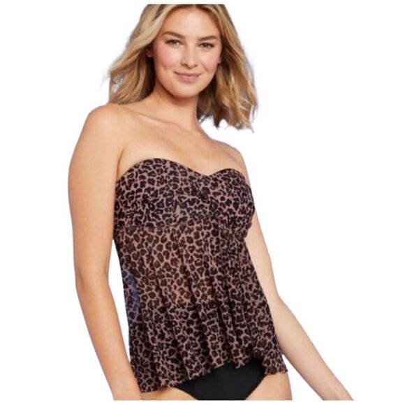 Kona Sol Twist Front Bandeau Flyaway Leopard Print Tankini Swim Top NEW Small - Picture 1 of 8
